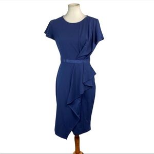 Woman’s Miusol navy blue elegant cascade side ruffled drape dress size M